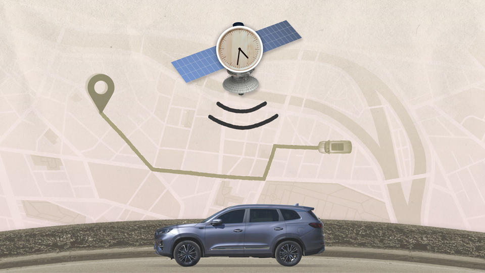 Illustration shows analog clock on a satellite hovering over a driving map and photo of SUV.