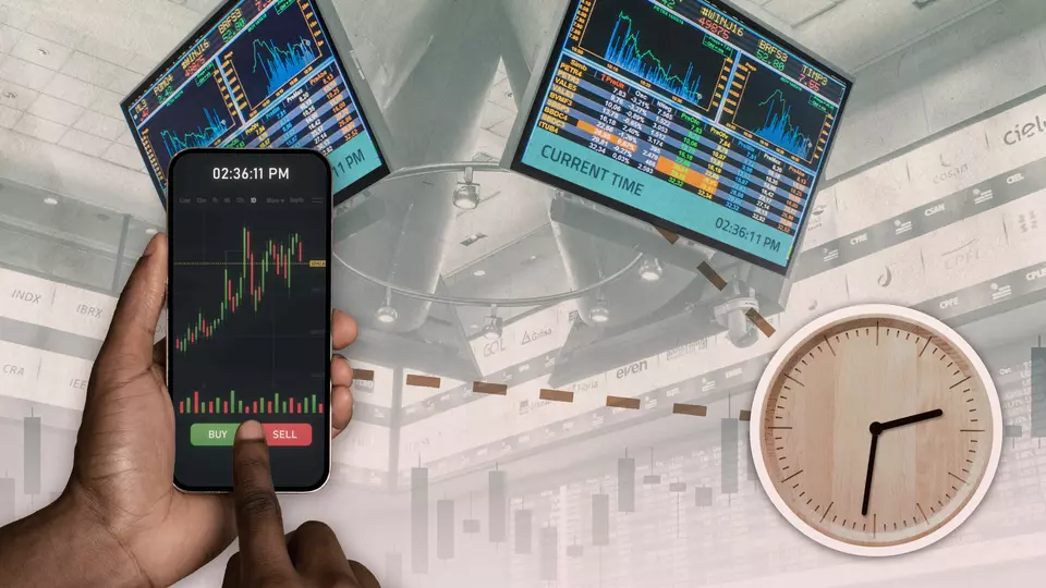 Illustration shows analog clock with images from a trading floor and a hand holding a smartphone showing stock values with buy/sell buttons.