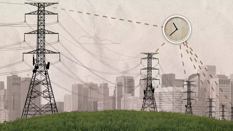 Illustration shows analog clock with dotted lines connecting it to large pylons carrying power lines with a city skyline in the background.