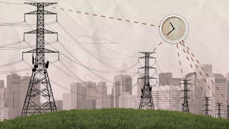 Illustration shows analog clock with dotted lines connecting it to large pylons carrying power lines with a city skyline in the background.