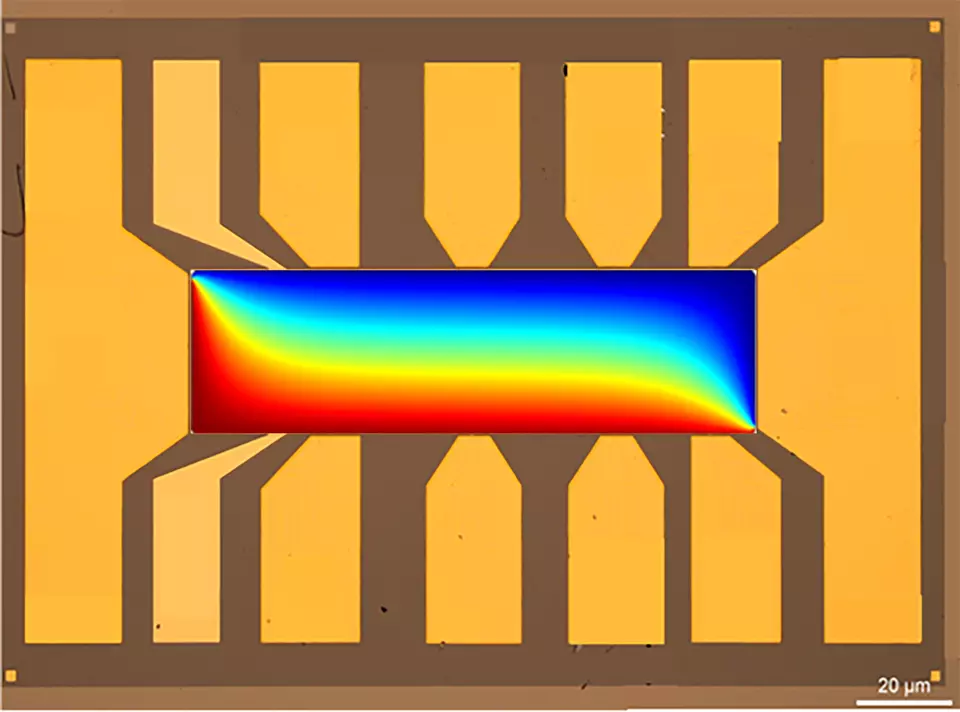 Microscope image shows rectangular shape with bright colors running across horizontally: red at the bottom shading into blue at the top. 