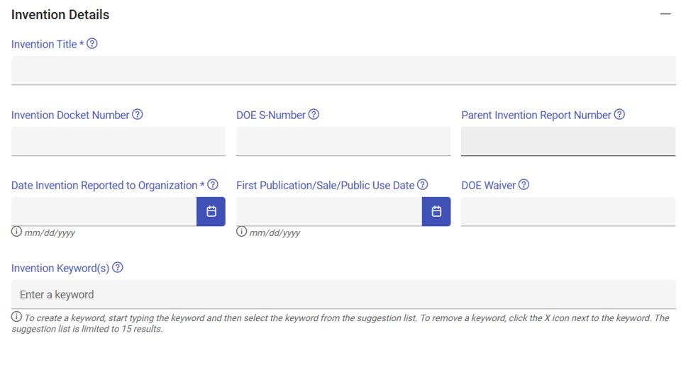 Screenshot of Invention Details Panel Fields