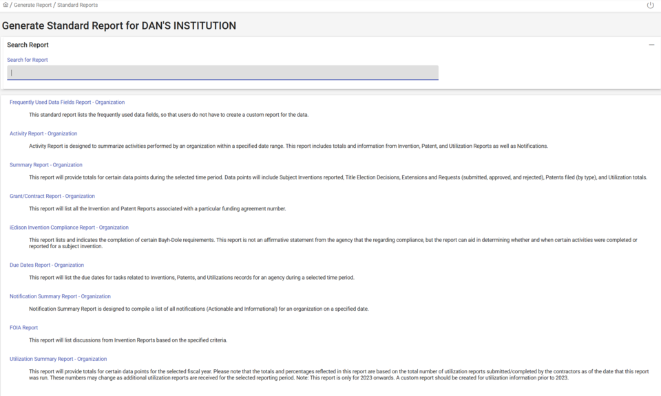 Screenshot of the list of available standard reports