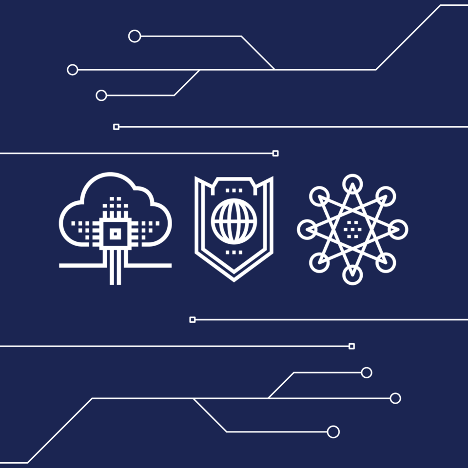 White icons on a dark blue background