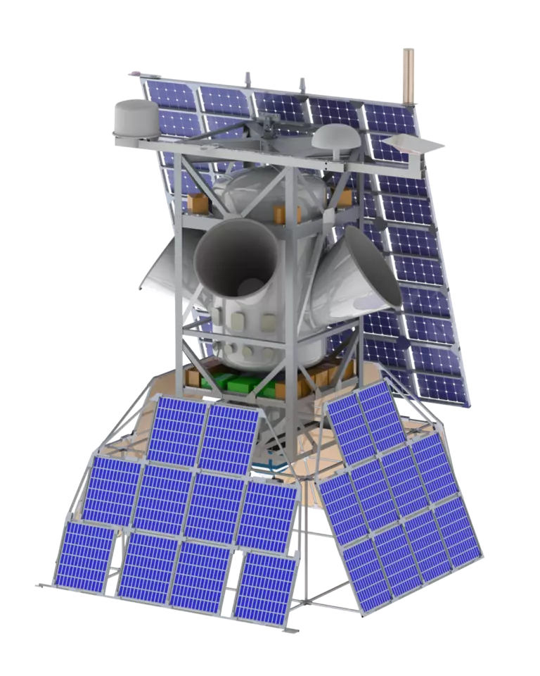 Illustration shows satellite structure with central cylinder surrounded by scaffolding holding solar panels.