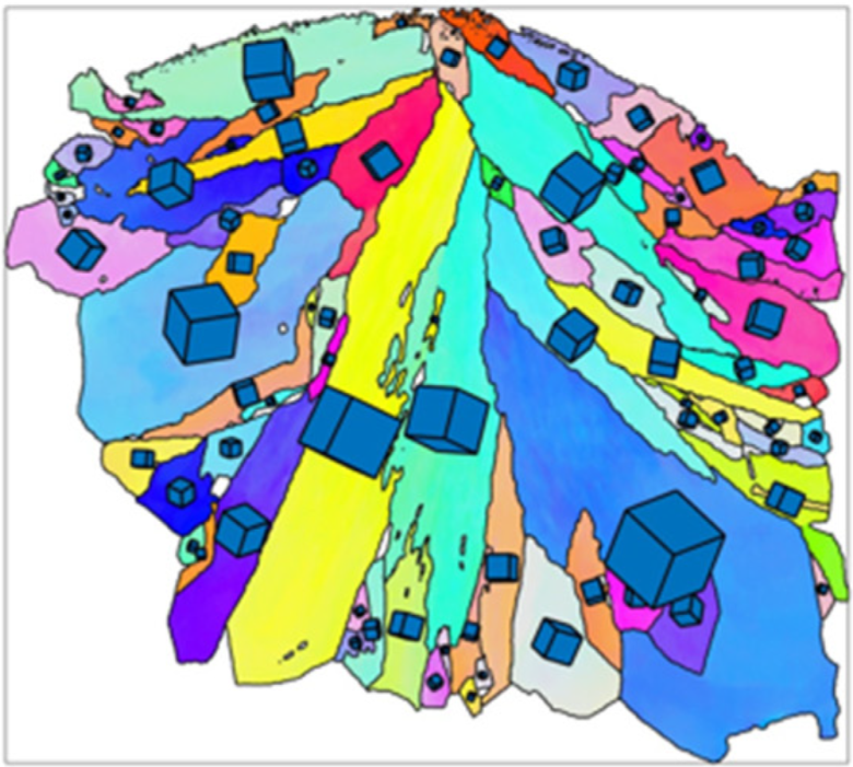 Colorful image shows area of bright colors overlaid with blue cubes at different angles. 