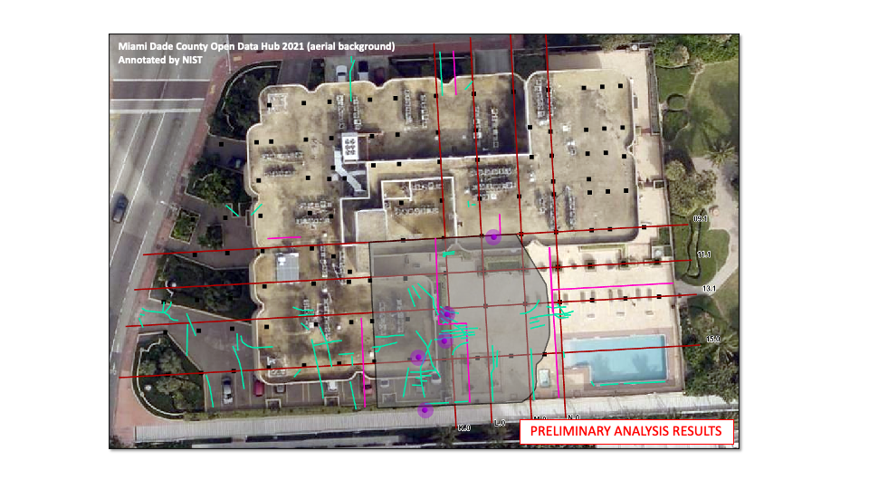 Aerial view of Champlain Towers South before the partial collapse is marked with a red grid and smaller green lines clustered on one side of the building. 