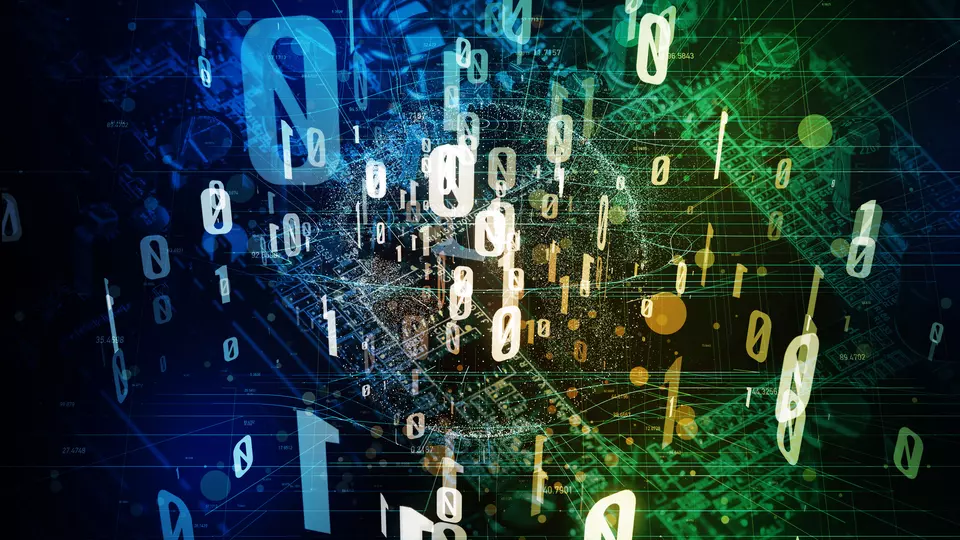 Illustration for quantum computing shows zeroes and ones hovering in space with background of electronic networking diagrams. 