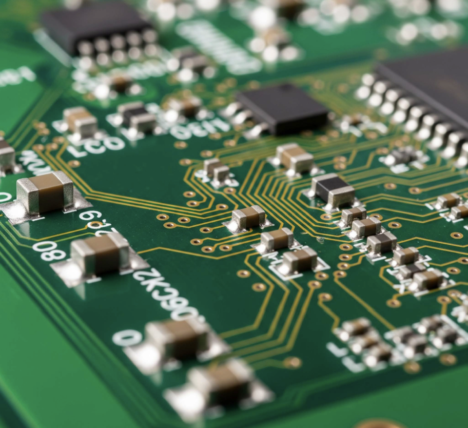 Close-up of an emerald green circuit board highlighting the three-dimensional topography of this miniature electronic ecosystem.