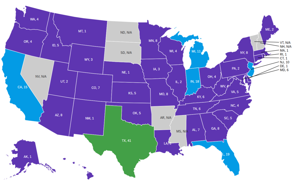 Map of the U.S showing the number of OSAC Registry Implementers per state
