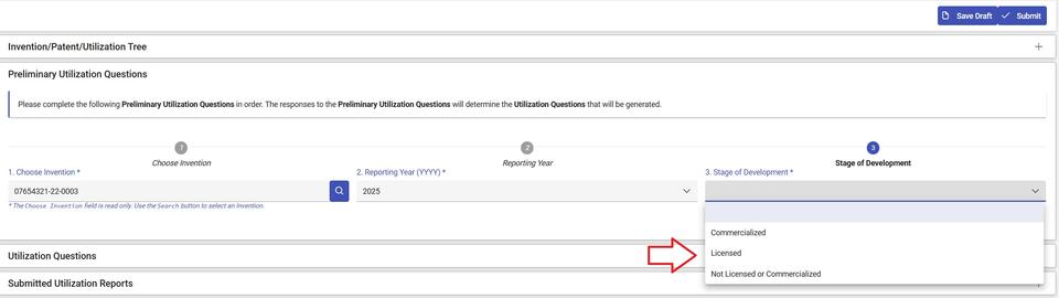 Utilization Report Stage of Development Dropdown