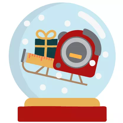Cartoon snow globe features a tape measure shaped like Santa's sleigh.