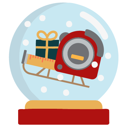 Cartoon snow globe features a tape measure shaped like Santa's sleigh.