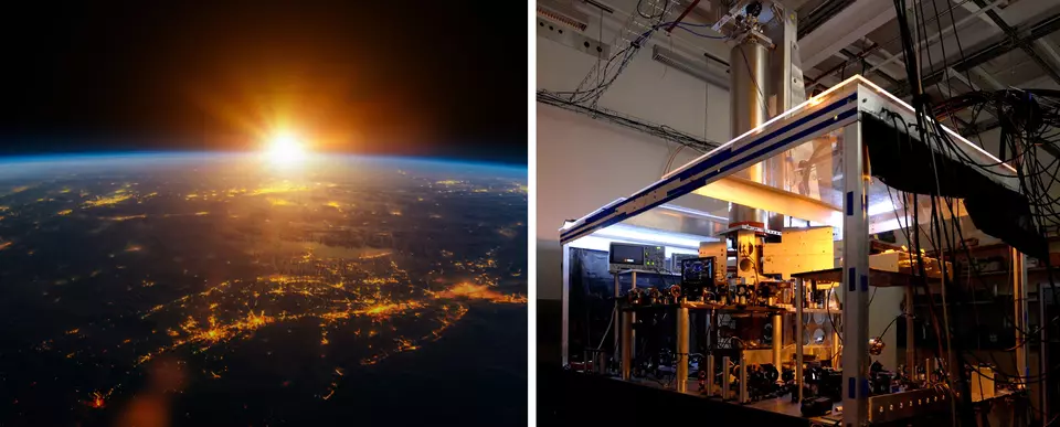 Photos side by side show the Sun rising over the Earth from space (left) and a large scientific device in a clear plastic case (right).