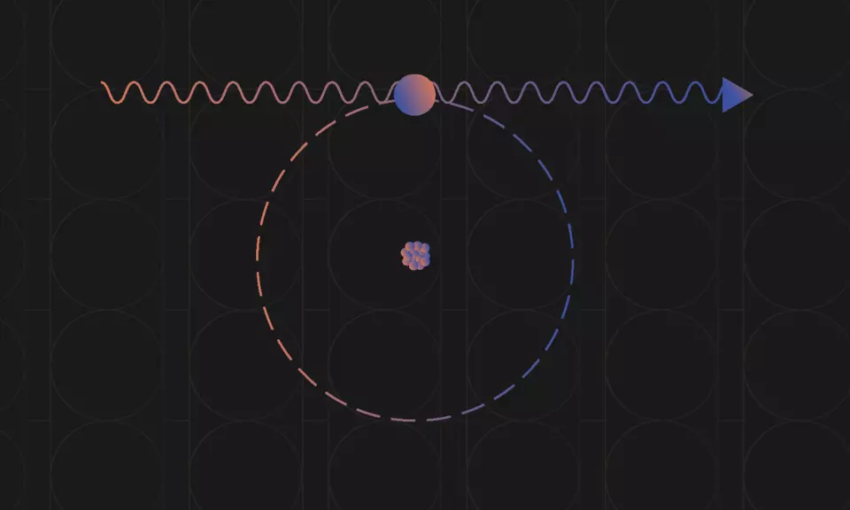 A squiggly line with an arrow appears above a cluster of spheres inside a circle. 
