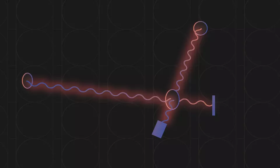 Two squiggly, glowing lines cross over one another at an oval.