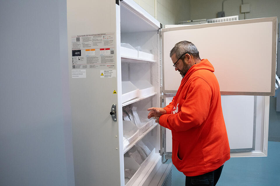 A man in a bright orange sweatshirt stands at the open door of a large lab freezer.