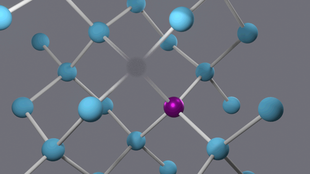 Illustration of crystal structure shows a purple atom and an empty spot among blue atoms. 