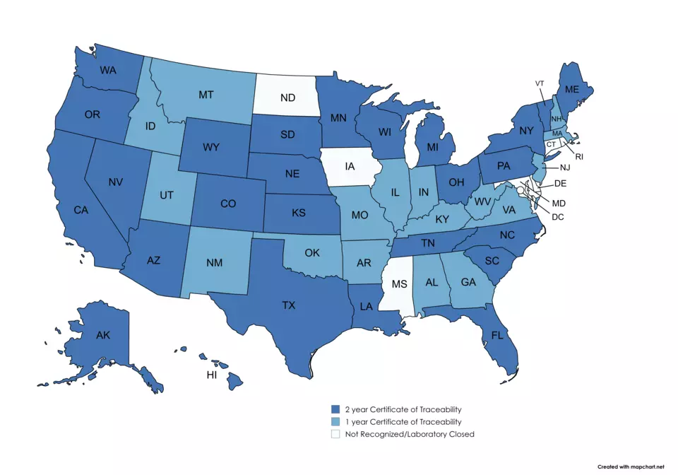 Map of U.S. state metrology laboratories that have received OWM recognition in 2026