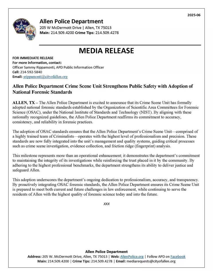 Press release for Allen Police Department CSI Unit - Registry implementation