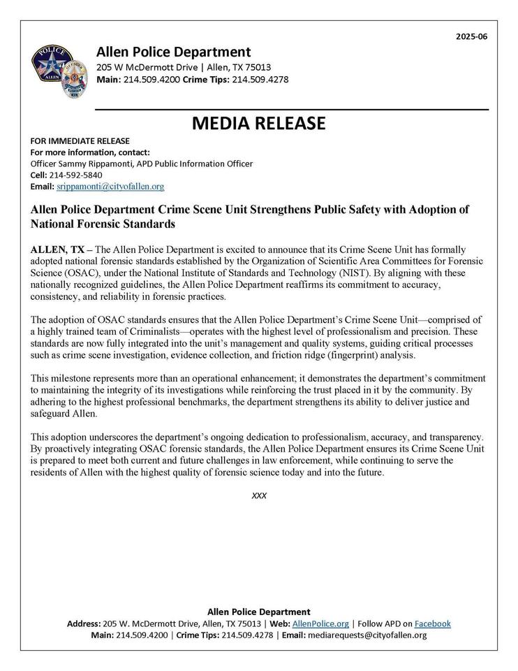 Press release for Allen Police Department CSI Unit - Registry implementation