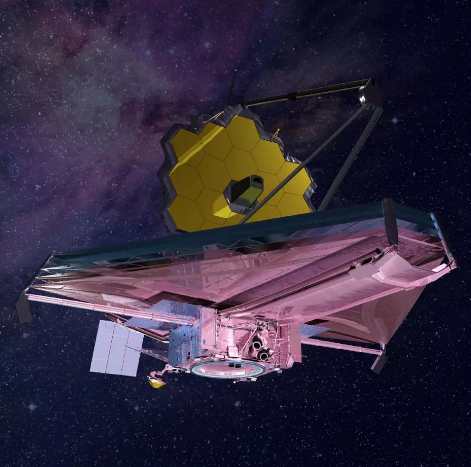 A triangular satellite with a circular telescope portal and solar collectors floats in space. 