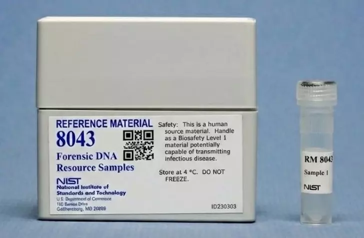 A white box with a small vial displayed next to it; the box is labeled Reference Material 8043 Forensic DNA Resource Samples. The vial says Sample 1. 