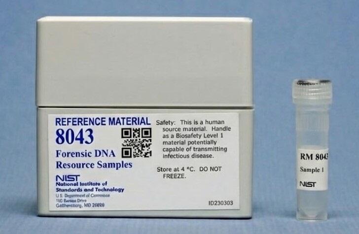 A white box with a small vial displayed next to it; the box is labeled Reference Material 8043 Forensic DNA Resource Samples. The vial says Sample 1. 