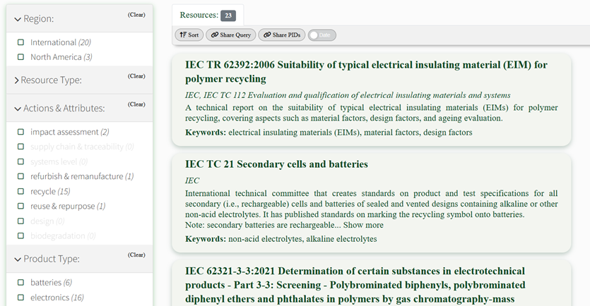 Screenshot of the Circular Economy Standards Registry, illustrating the search options and example results.