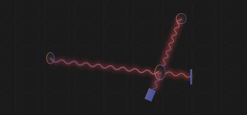 Two squiggly glowing lines cross over one another at an oval.