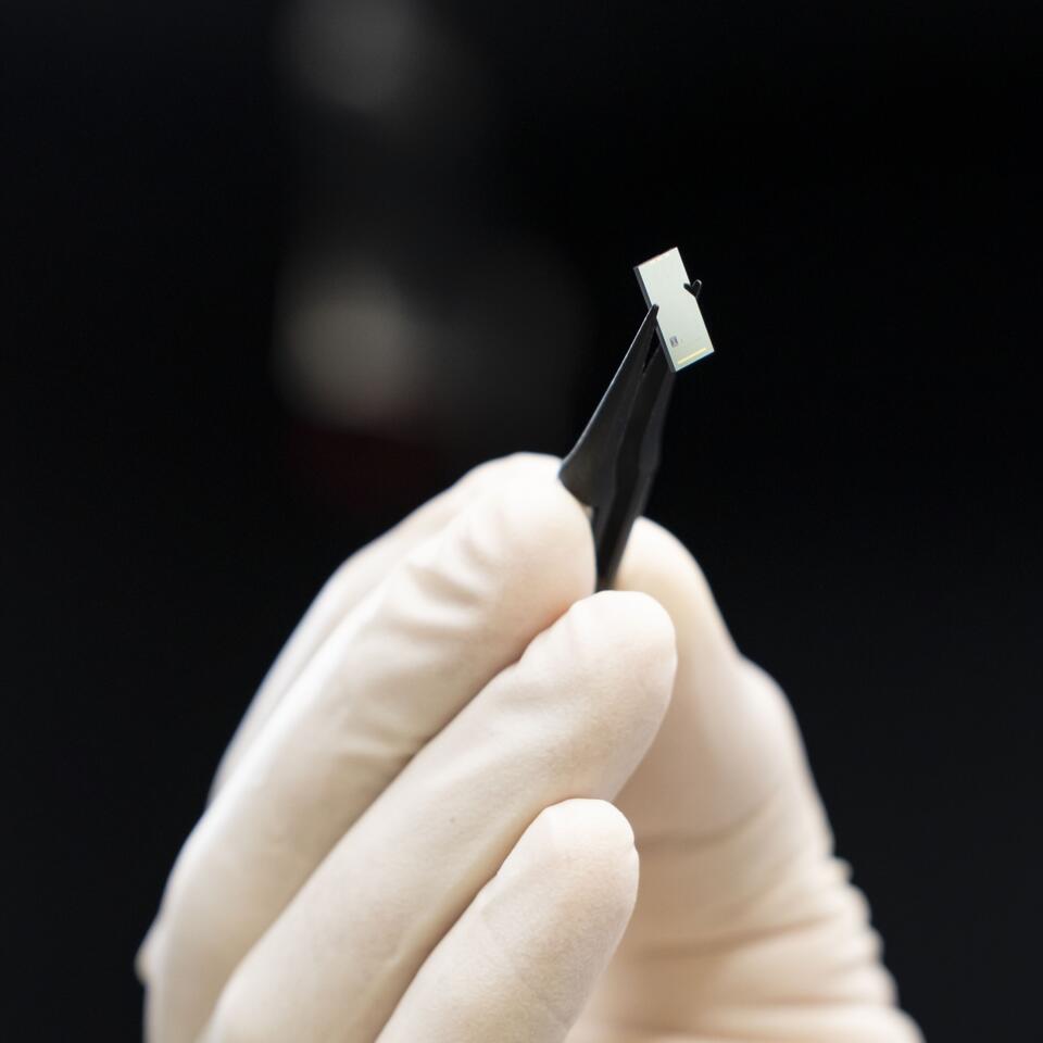 Close-up of a gloved hand holding tweezers that are grasping a tiny rectangular chip. 