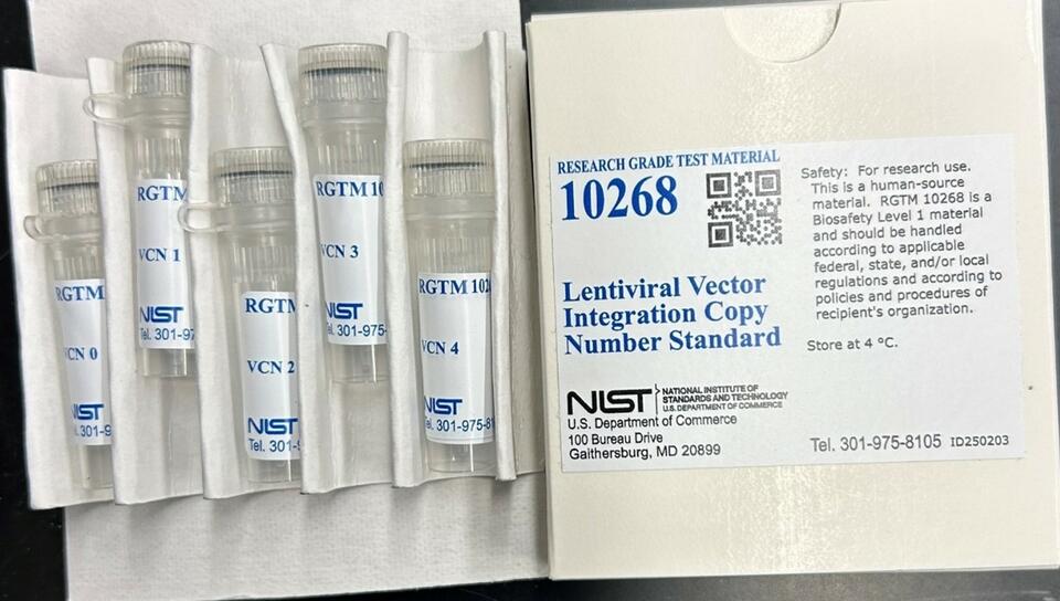 Image showing a unit of NIST Research Grade Test Material 10268 which is comprised of five vials of DNA solutions.