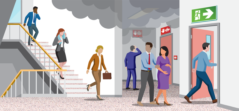 An illustration depicting office workers in a stairwell trying to take a safe exit, shown in green, during a fire emergency.