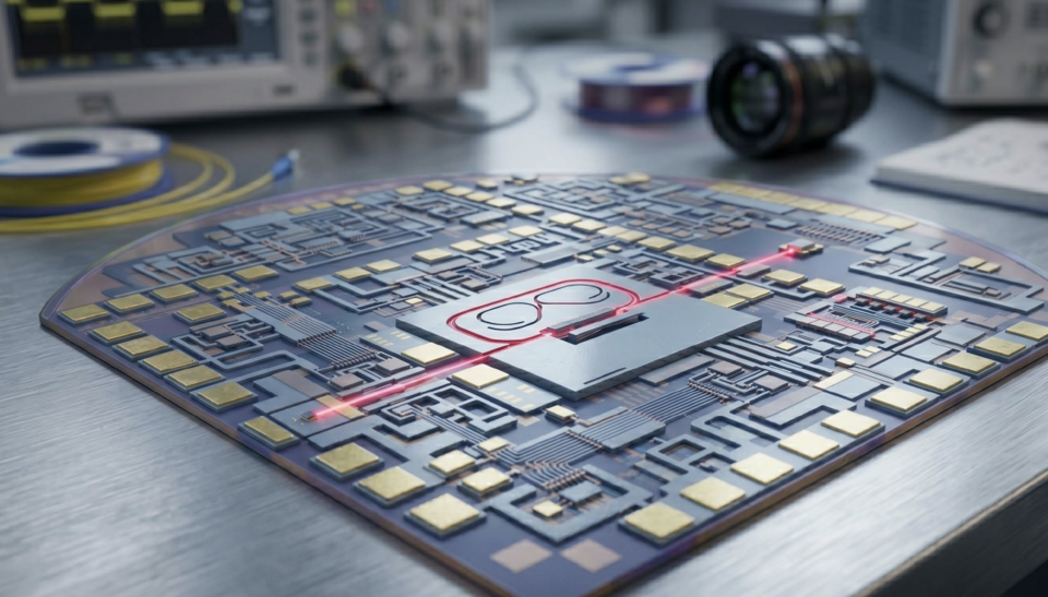 A hypothetical concept rendering of the self-calibrating optomechanical photonic thermometer chip resting on a laboratory workbench.