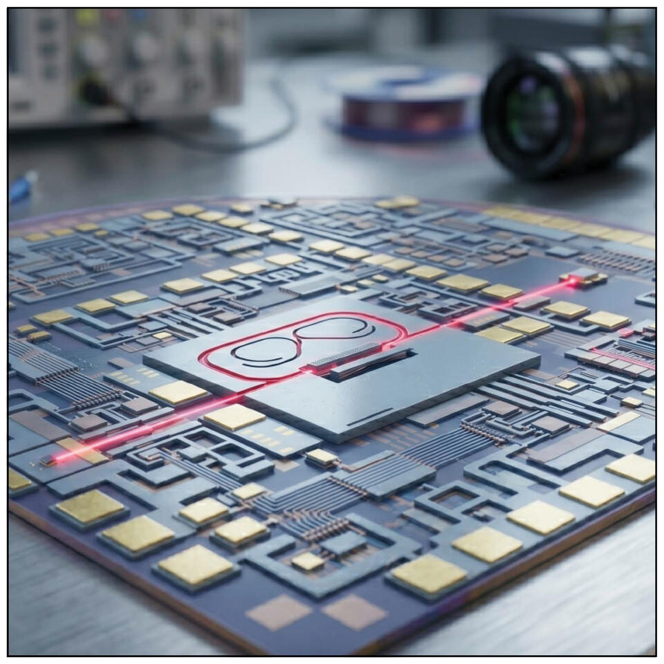 A hypothetical concept rendering of the self-calibrating optomechanical photonic thermometer chip resting on a laboratory workbench.