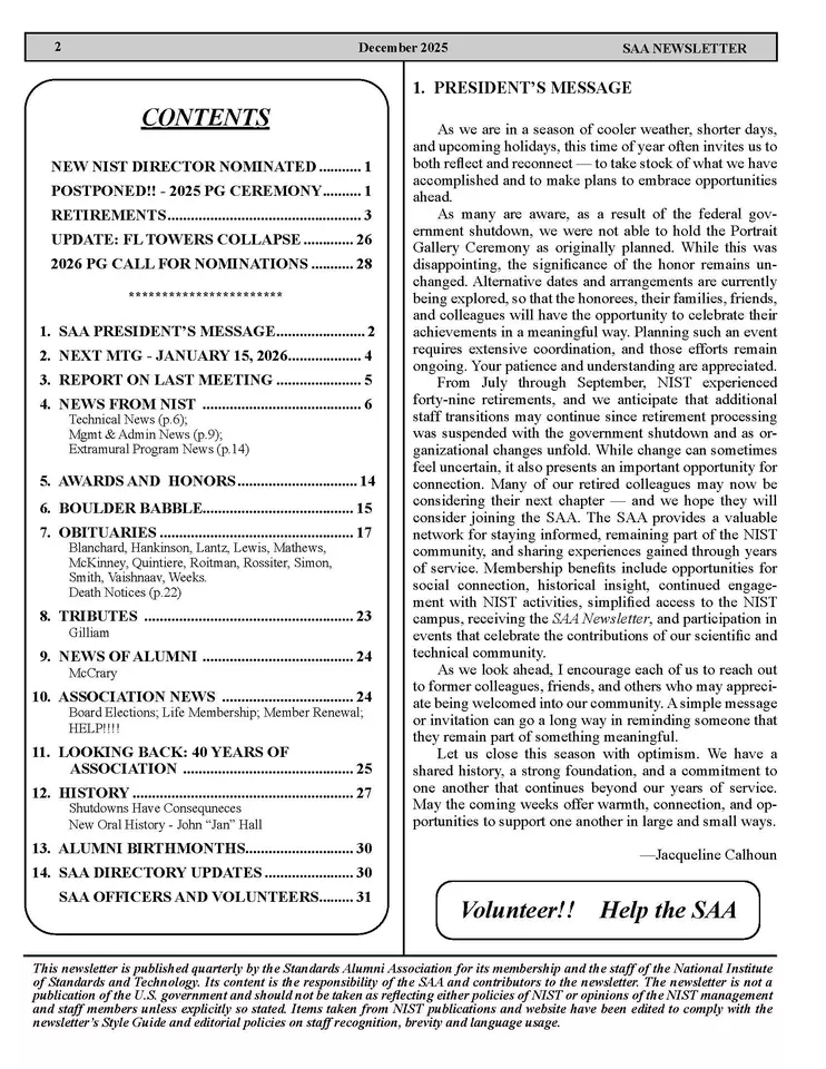 Image of SAA December 2025 Newsletter Table of Contents