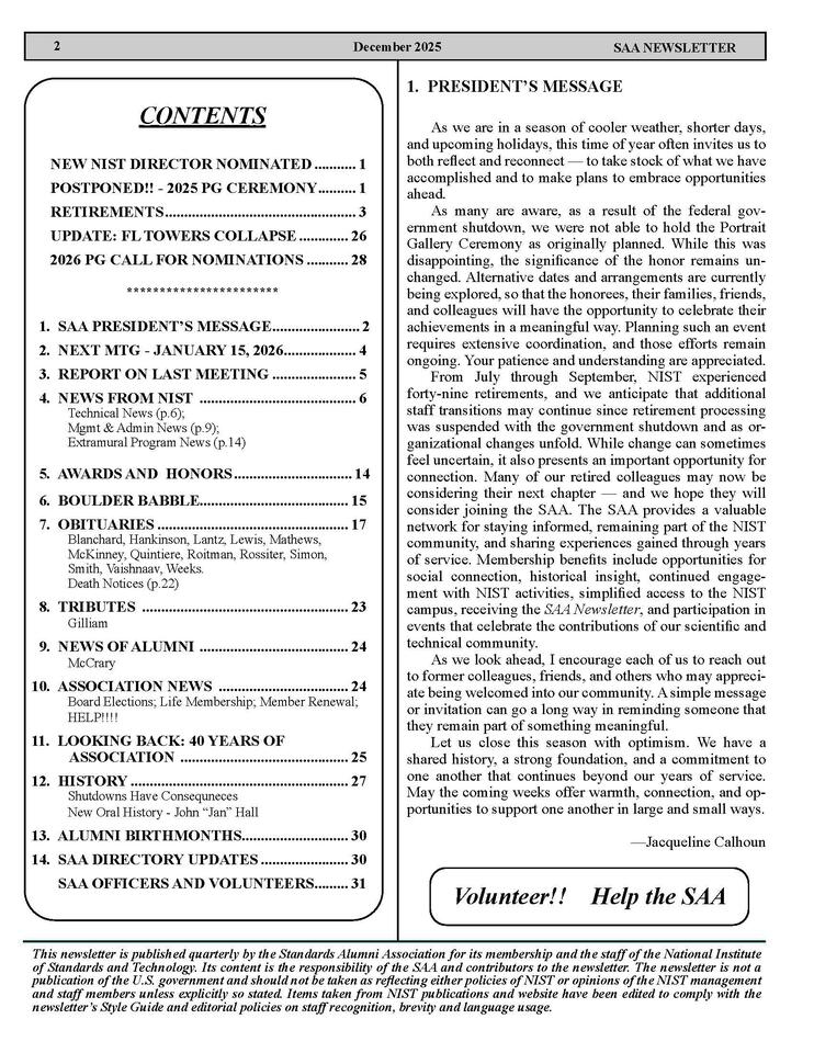Image of SAA December 2025 Newsletter Table of Contents