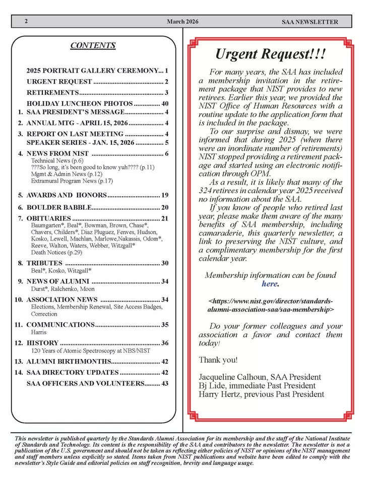 Image of SAA March 2026 Newsletter Table of Contents