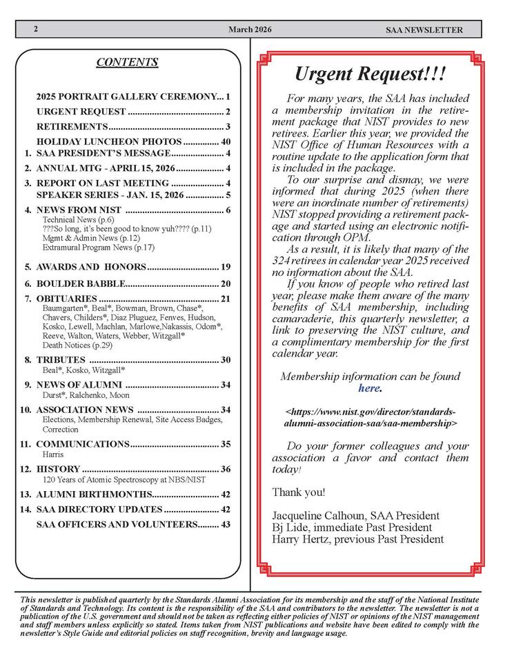Image of SAA March 2026 Newsletter Table of Contents