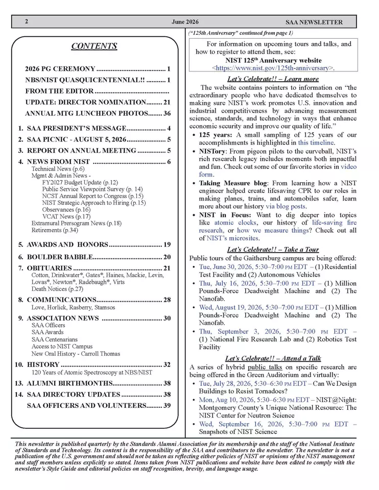 Image of SAA June 2026 Newsletter, Table of Contents