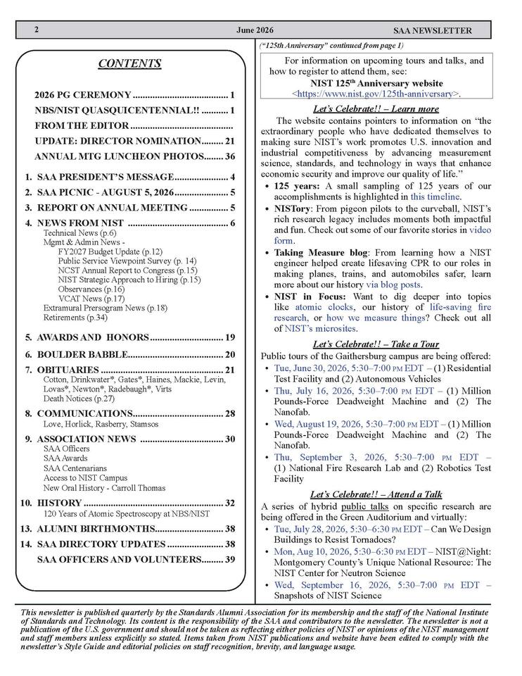 Image of SAA June 2026 Newsletter, Table of Contents