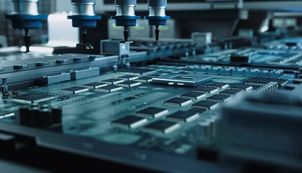 Robotic tools hover above a surface of dark-metal microchips and other electronics being manufactured.