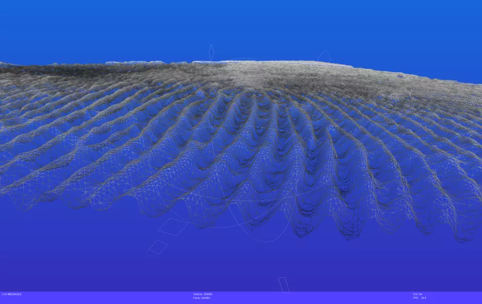 A digital artwork featuring a wavy, net-like structure against a gradient blue background. The structure creates an undulating pattern, resembling a mesh or wave, with variations in shading adding depth. Small geometric shapes are faintly visible within the design.
