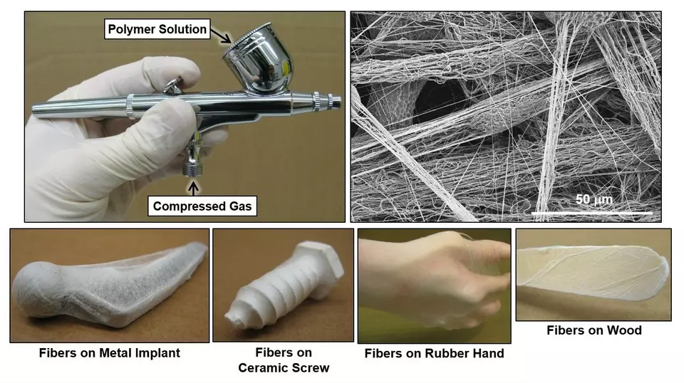 6 images describe airbrushed nanofiber scaffolds. Commercial airbrush uses compressed gas and polymer solution to spray nanofibers. Nanofibers form a scaffold (mesh-like film) and adhere to metal implant, ceramic screw, rubber hand, and wood. Scanning electron micrograph (SEM) of airbrushed polycaprolactone (PCL) nanofiber scaffold shows a web-like scaffold structure. 