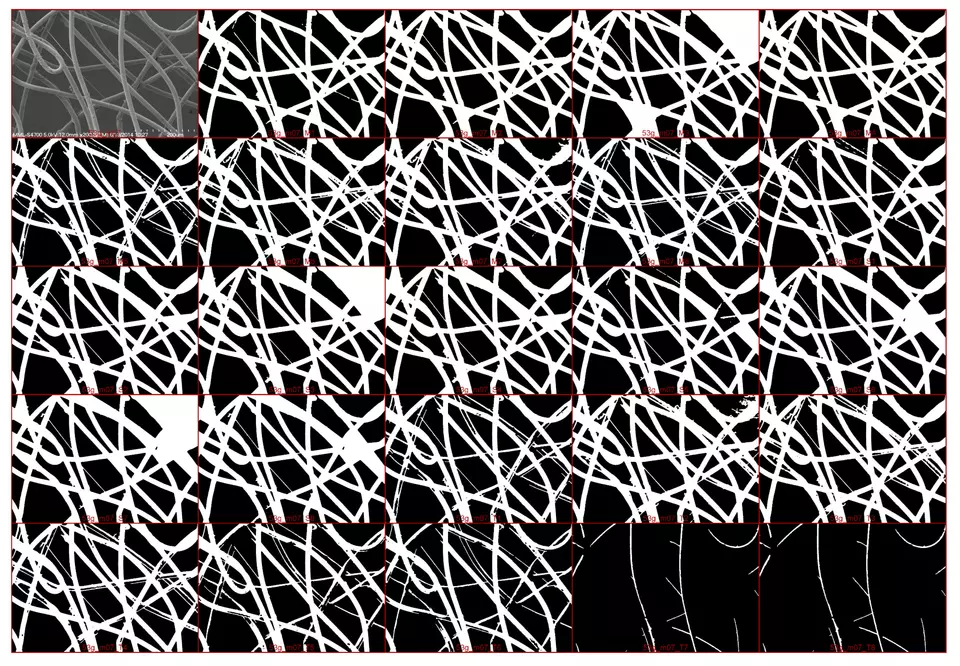 Micrograph image segmented into background and foreground by DiameterJ software. Original micrograph plus 24 segmentations used for image analysis. Details in image caption. 