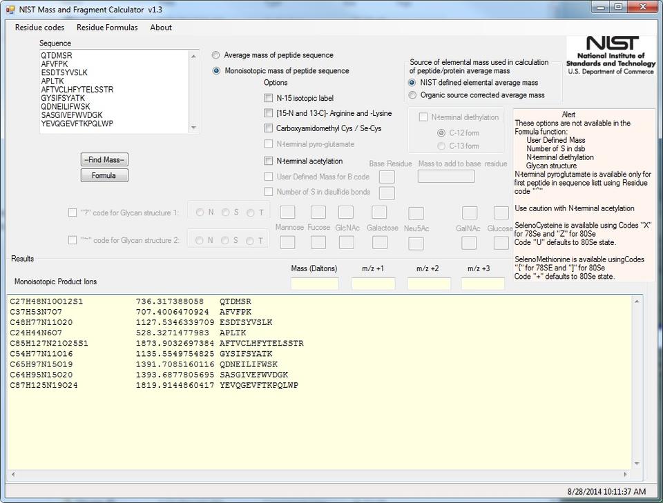 mass and fragment calculator screen shot