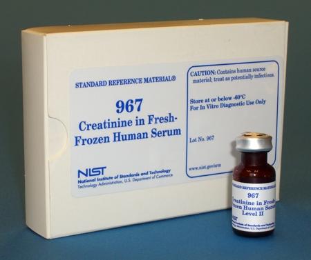 Photograph of a unit of SRM 967 Creatinine in Fresh Frozen Human Serum, with labeled box and vial.