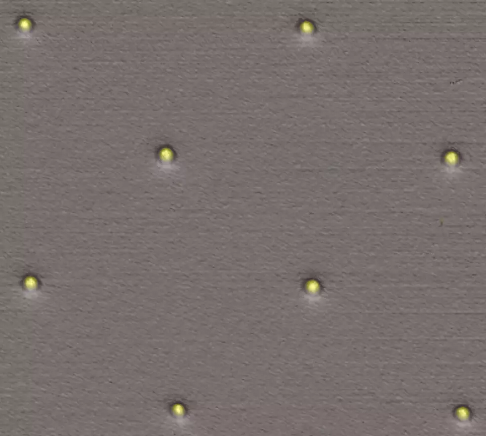 The gold posts in this colorized micrograph, averaging 450 nanometers in diameter, are used to anchor individual biomolecules such as DNA for studies of their mechanical properties.