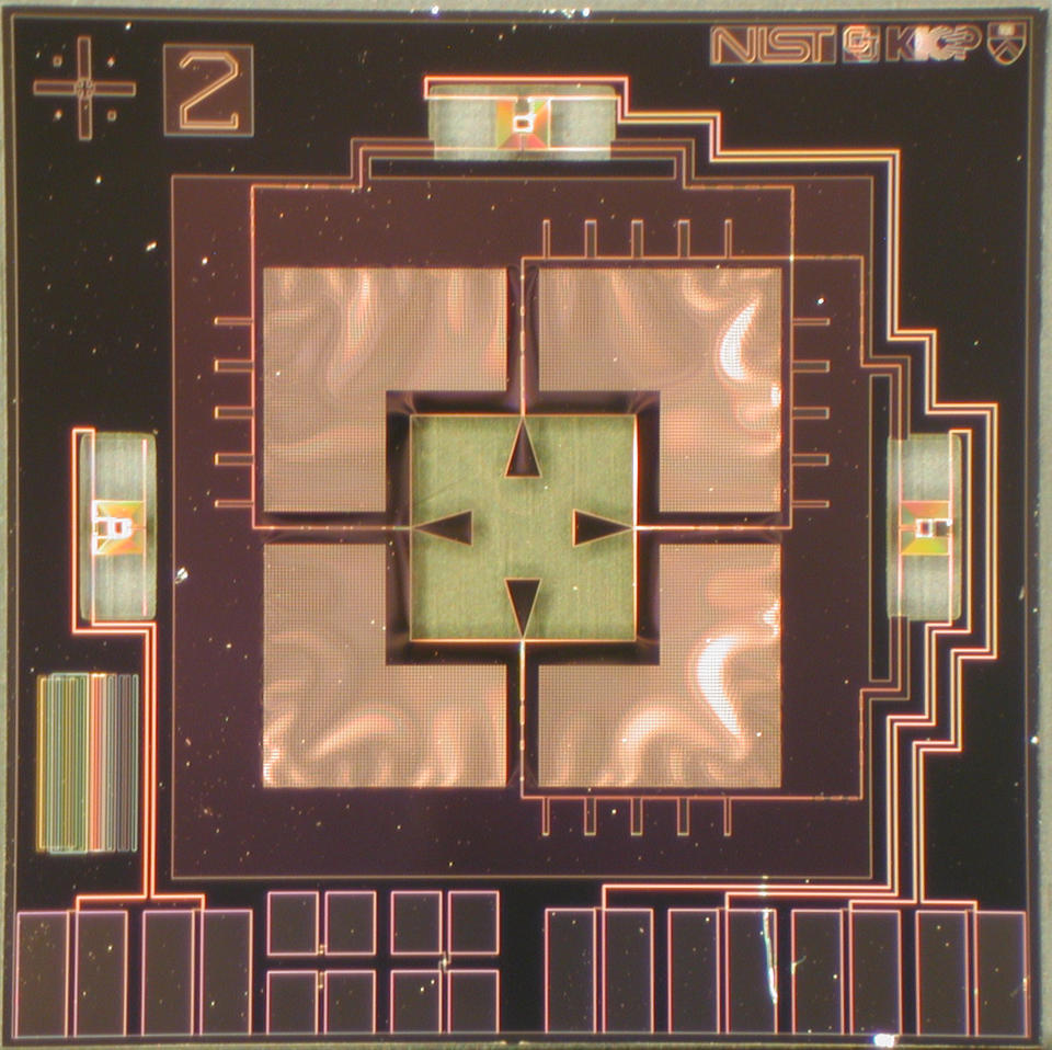 Micrograph of a prototype NIST detector that will be used to seek B-mode polarization, the signature of the rapid inflation of the universe after the Big Bang.