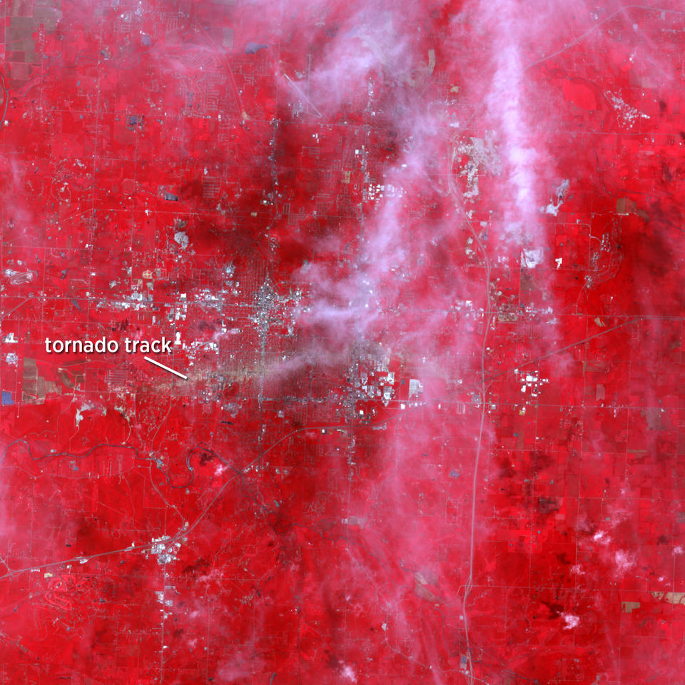 False-color satellite image showing the 22-mile track of the tornado that struck Joplin, Mo., on May 22, 2011.